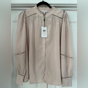 Reiss Kalisa Ladder Embroidery Satin Button Front Blouse Top Pink. Size 8. NWT.